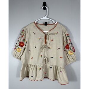SHEIN Top Womens XL Cotton Boho Peasant Embroidered Floral Hippie Cottagecore